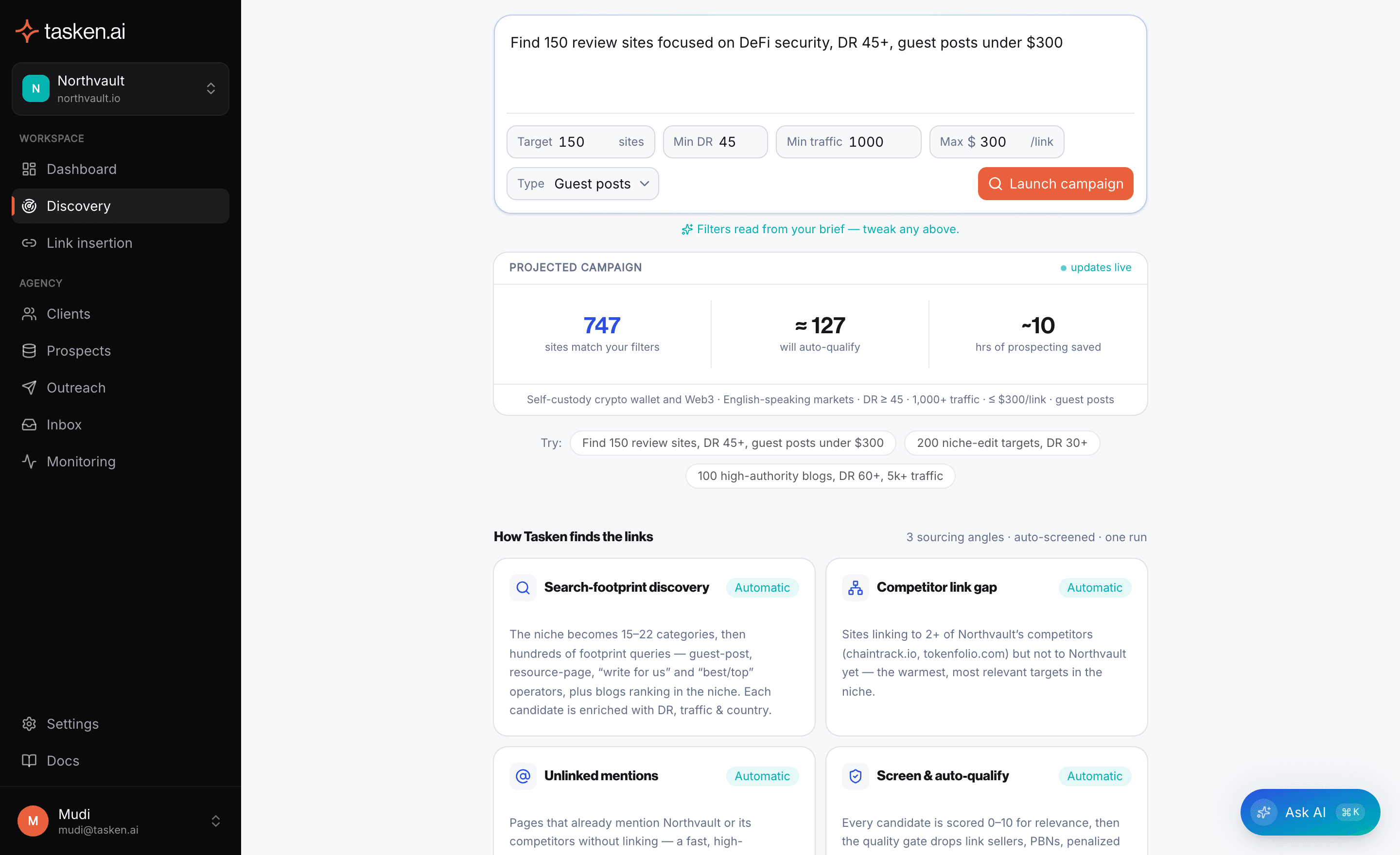 Tasken Discovery: type a campaign brief and get a live projection of matching sites, qualified prospects, and hours saved