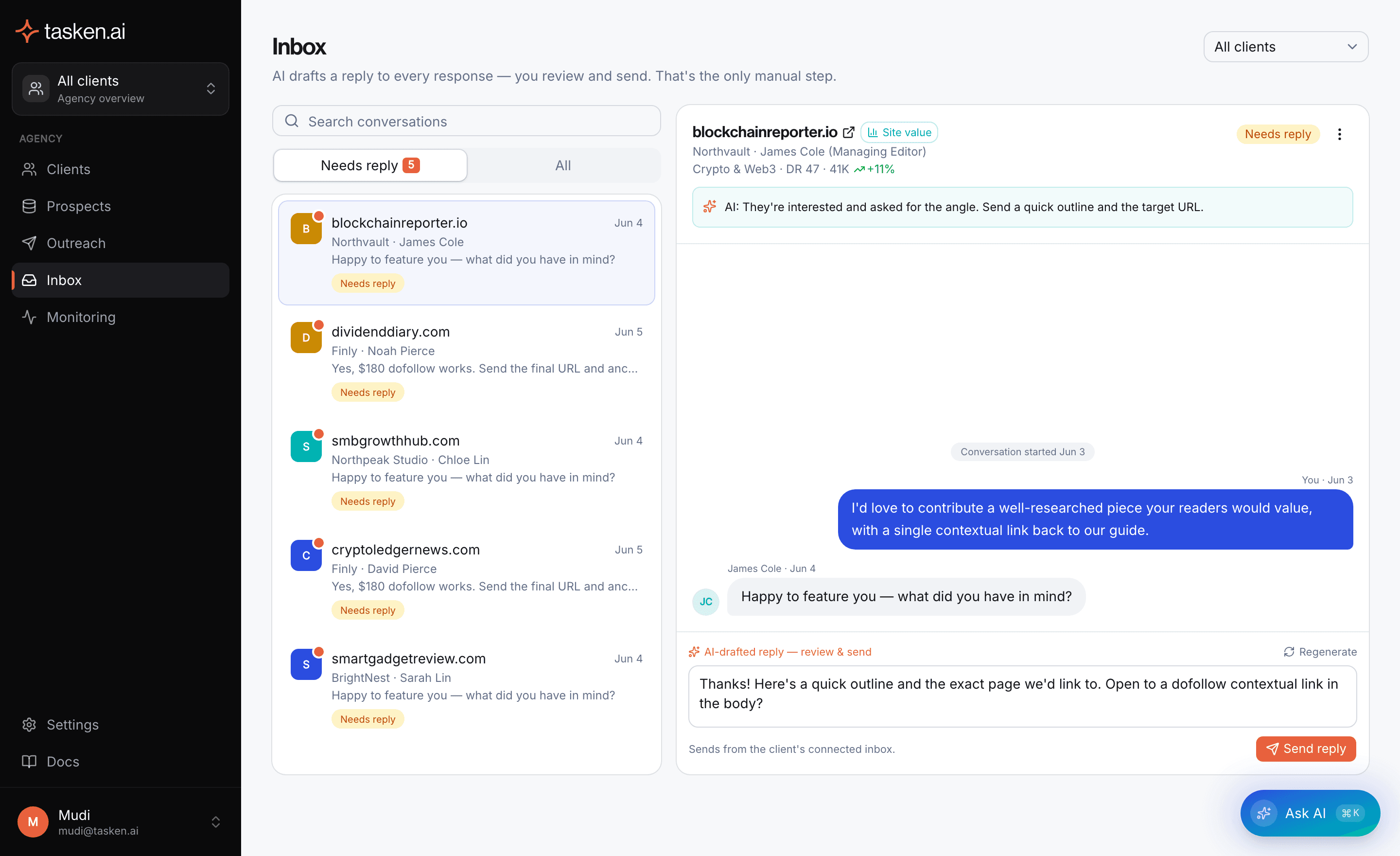 Tasken Inbox: AI drafts a reply to every publisher response, which you review and send